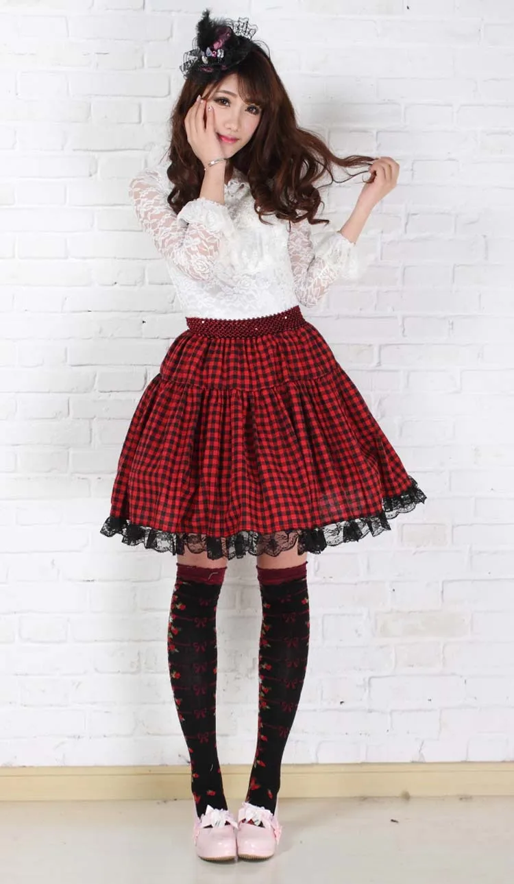 Женские длинные юбки, красные клетчатые юбки до колена для девочек, японские милые клетчатые плиссированные кружевные юбки в европейском консервативном стиле, юбки-клеш средней длины