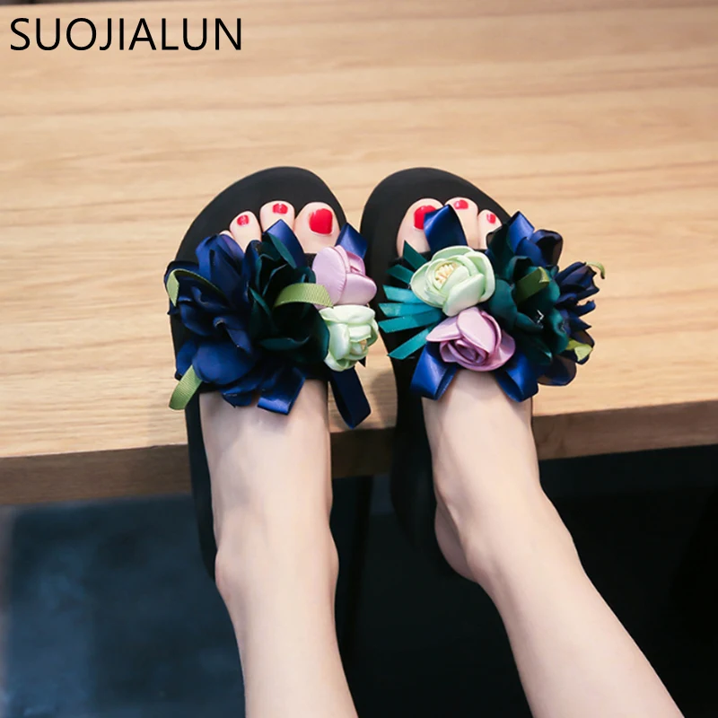 SUOJIALUN/ г.; Летняя женская обувь; женские Вьетнамки с цветочным принтом; шлепанцы; сандалии для улицы; Mujer; пляжные шлепанцы на низкой платформе; сандалии