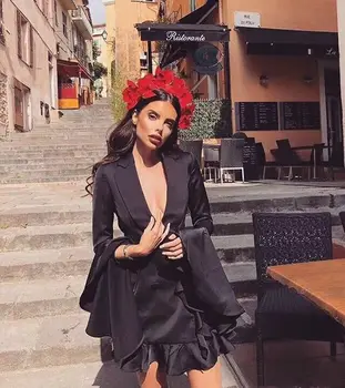 

Halinfer 2018 New summer women dress sexy bodycon V-Neck Button Flare Sleeve Chiffon dress elegant celebrity party Mini dress