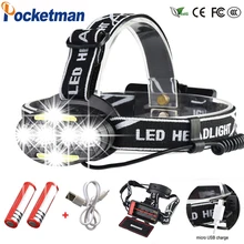 Супер мощный налобный фонарь 4* XM-L T6+ 2* COB+ 2* красный светодиодный налобный фонарь с зарядным устройством