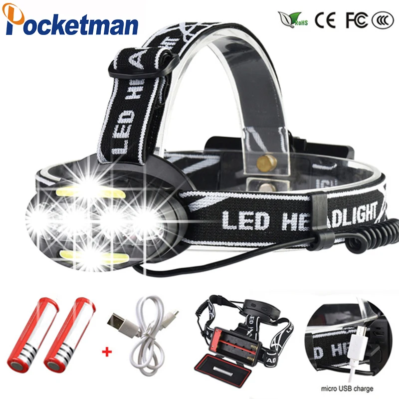 

60000 Lumen headlamp 4* XM-L T6 +2*COB+2*Red LED Head Lamp Flashlight Torch Lanterna with batteries charger Headlight
