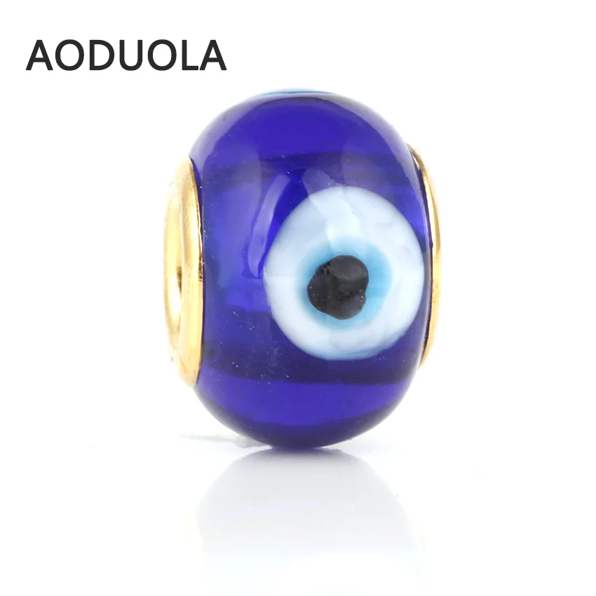 

10 Pcs a Lot Royal Blue Glass Beads Round Gold With Evil eye Lampwork Czech Big Hole Bead Charm Fit For Pandora Charms Bracelets