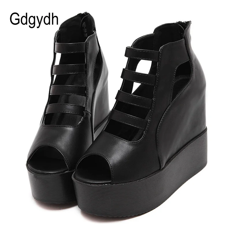 Gdgydh/стильные женские туфли-лодочки; обувь для вечеринок на танкетке; женские туфли-гладиаторы на молнии сзади; обувь на высоком каблуке из черной кожи; Прямая поставка