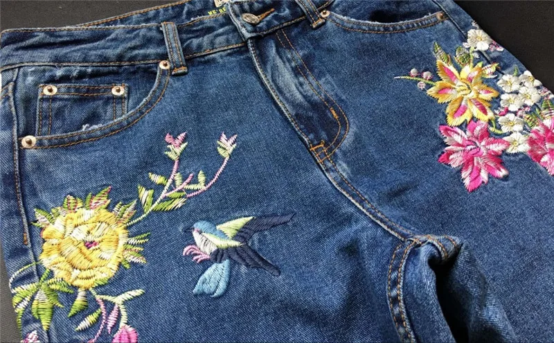 Women's three-dimensional 3D heavy process bird flower front and rear embroidery high waist Slim straight jeans large size system (14)