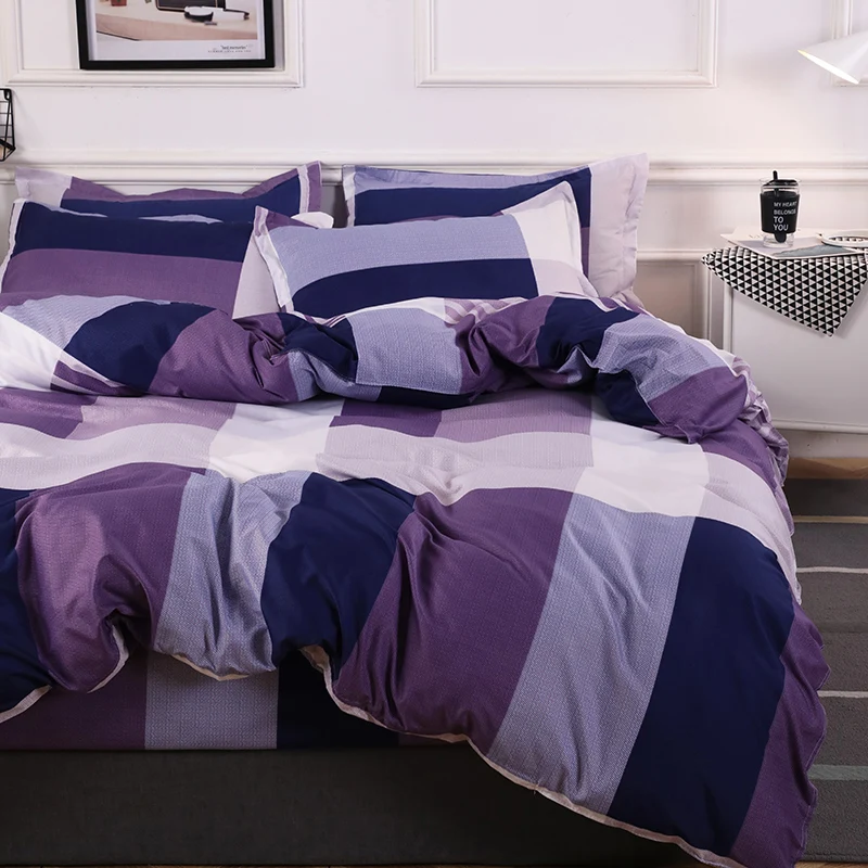 

Bedding Set Luxury Purple Large Plaid Pattern 4pcs Family Set Include Bed Sheet Duvet Cover Pillowcase Boy Room Flat Sheet Soft