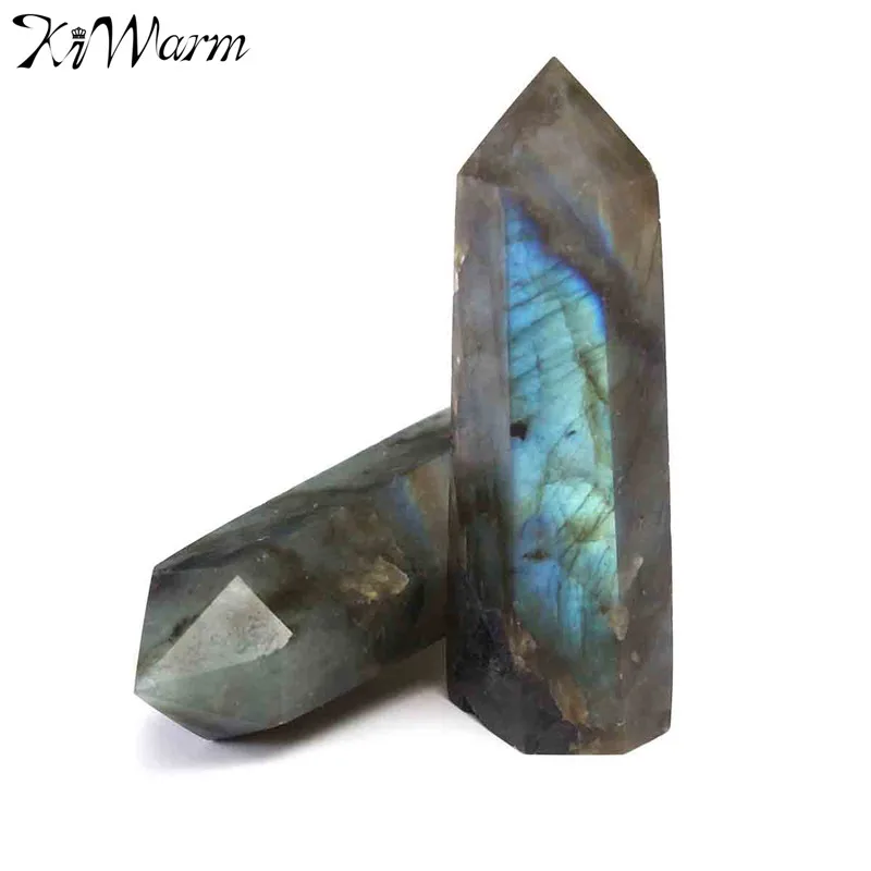 

KiWarm 2pcs Natural Fluorite Labradorite Quartz Crystal Wand Point Healing Degaussing Gemstone For DIY Crafts Pendant Home Decor