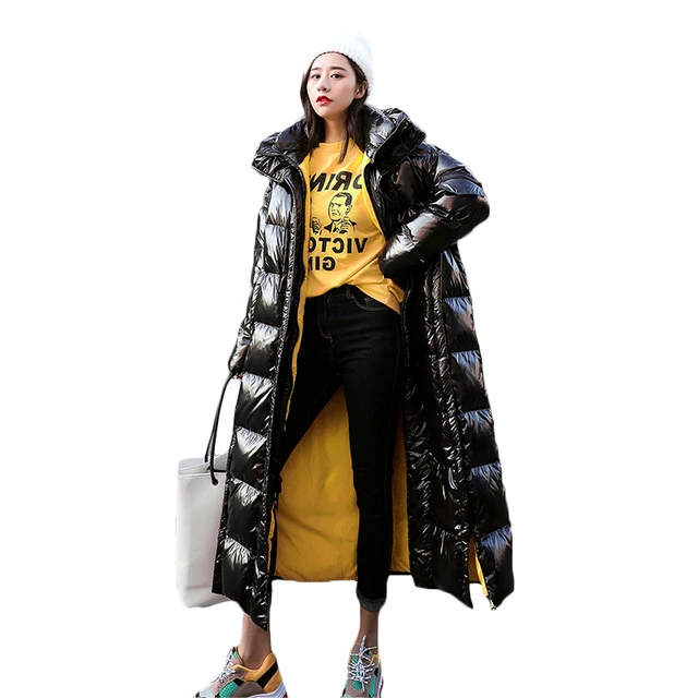 

Fashion Black Glossy Long Coat Women Parka Winter Hooded Down Jacket Cotton Coat Women plus size Thick Warm Padded Jacket Tide