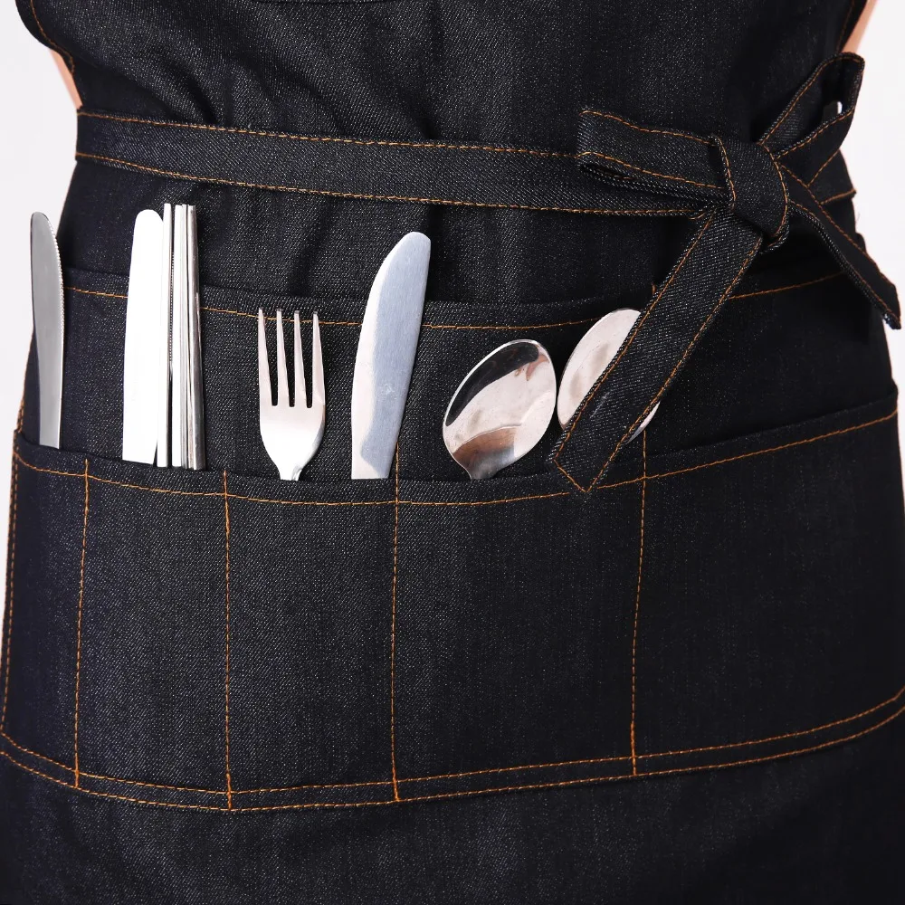 Fashion black Denim Apron for Chef kitchen Apron for woman men with Tool Pockets BBQ Adjustable M to XXL
