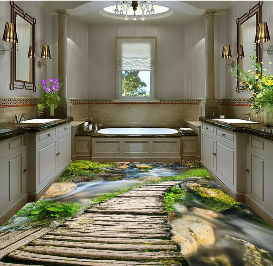 

3d flooring Creek wooden bridge 3D floor pvc self-adhesive wallpaper 3d floor painting wallpaper