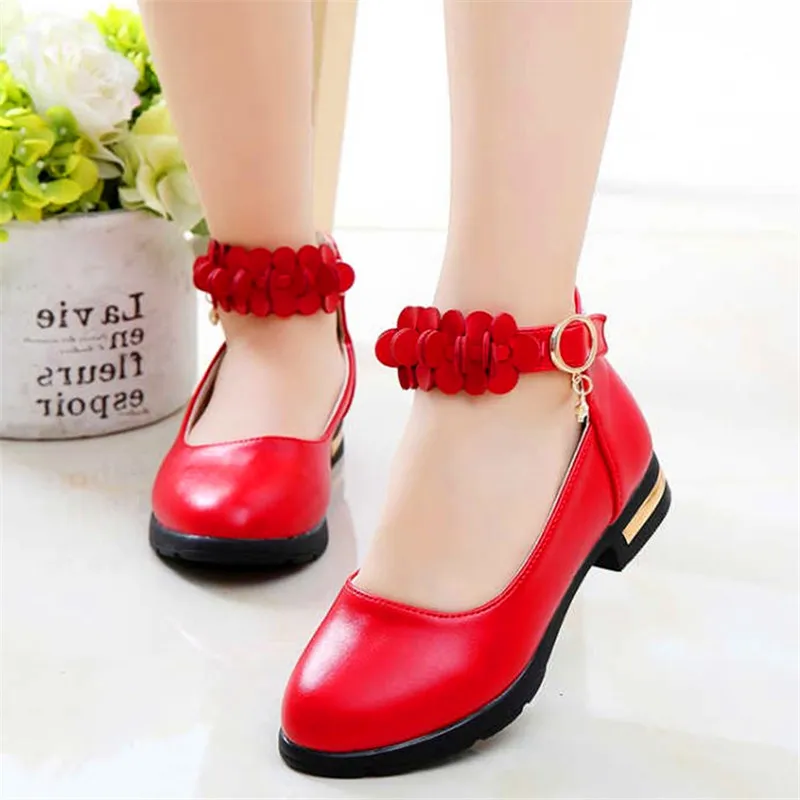 

MXHY Kids Wedding Shoes Princess Girl School Party Shoes 2019 Spring Autumn Korean PU Leather Fashion Heels Girls Flowers Shoes