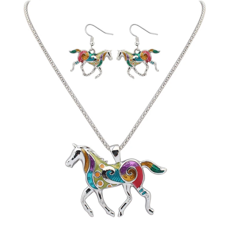 

Fashion Jewelry Sets Metal Chain Enamel Statement Choker Horse Earrings Necklace Animal Pendant Jewelry For Women Accessories