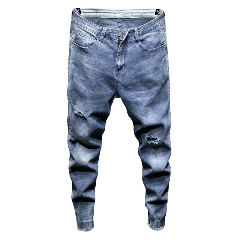 Для мужчин джинсы Slim Fit Light Blue Эластичный выдалбливают разорвал ноги Jogger Брюки Мужской досуг Modis Trend уличной джинсы homme - Цвет: Синий