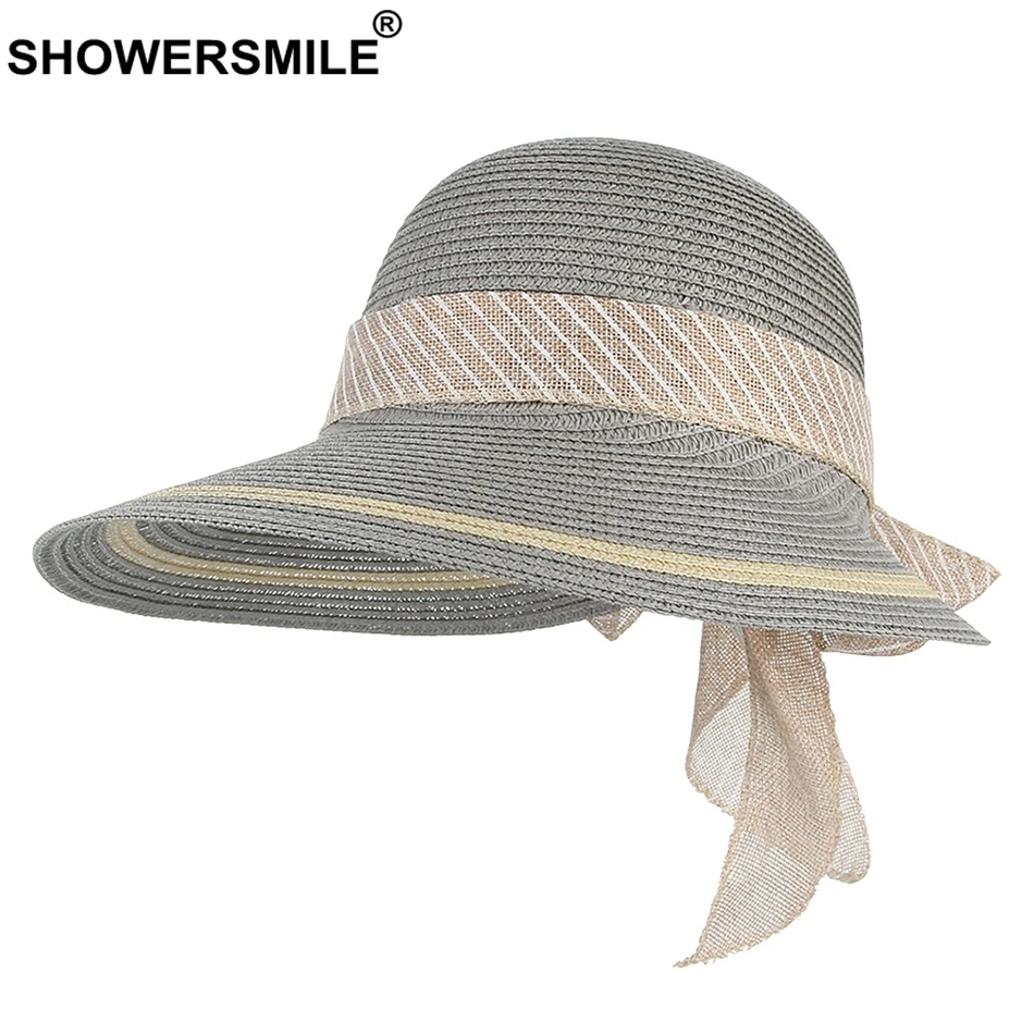 SHOWERSMILE, летние шляпы для женщин, защита от солнца, Женская бумажная соломенная шляпа от солнца, полосатая, с бантом, повседневная, с широкими полями, женская пляжная шляпа