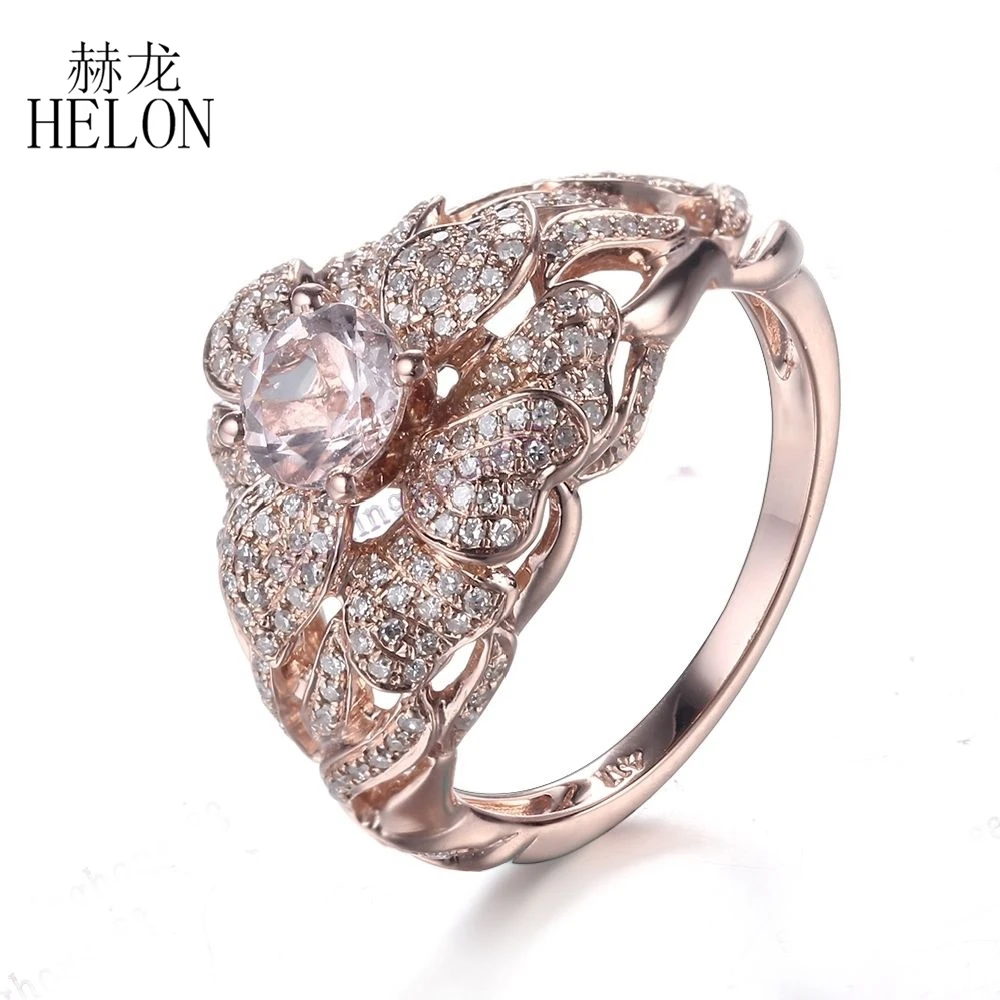 

HELON Solid 10K Rose Gold 0.7ct Diamonds Engagement Wedding Ring 5.5mm Round Genuine Morganite Gemstone Ring Fine Jewelry Flower