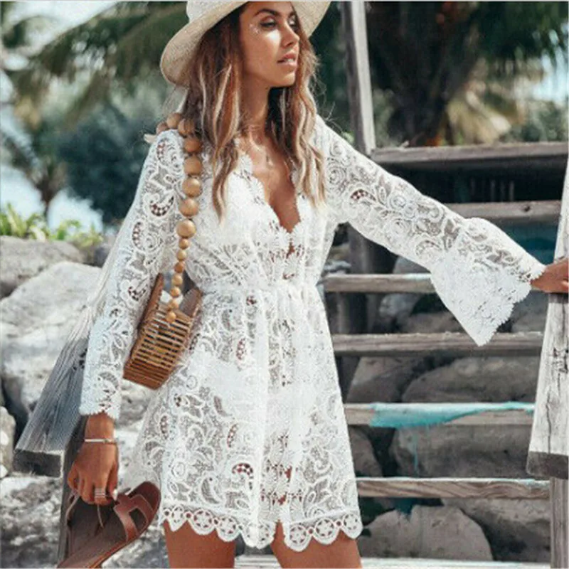 

2019 New Sexy Women Short Lace Dress V Neck Lace up Hollow Out Floral Lace Mini Dress Summer Holiday Casual Beach White Sundress