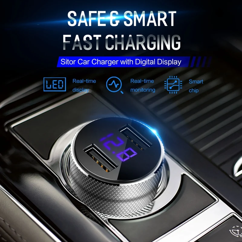 

ROCK Dual USB Car Charger With LED Digital Display, Universal 3.4A 2 USB Car Phone Charger adapter for Mobile Phones for Tablet