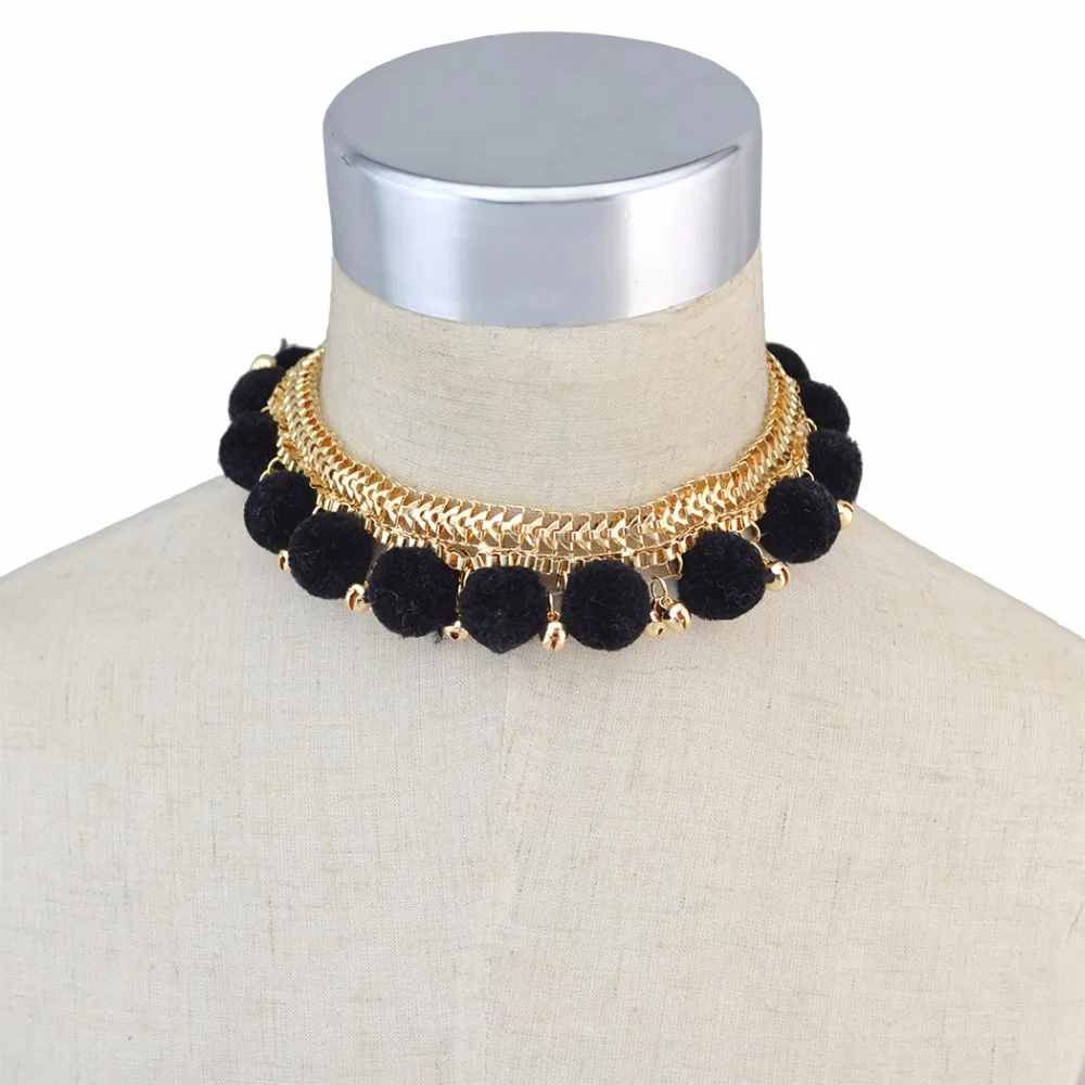 Bohemian Gold Box Chain Choker Necklace Alloy Bell Plush Ball Charms