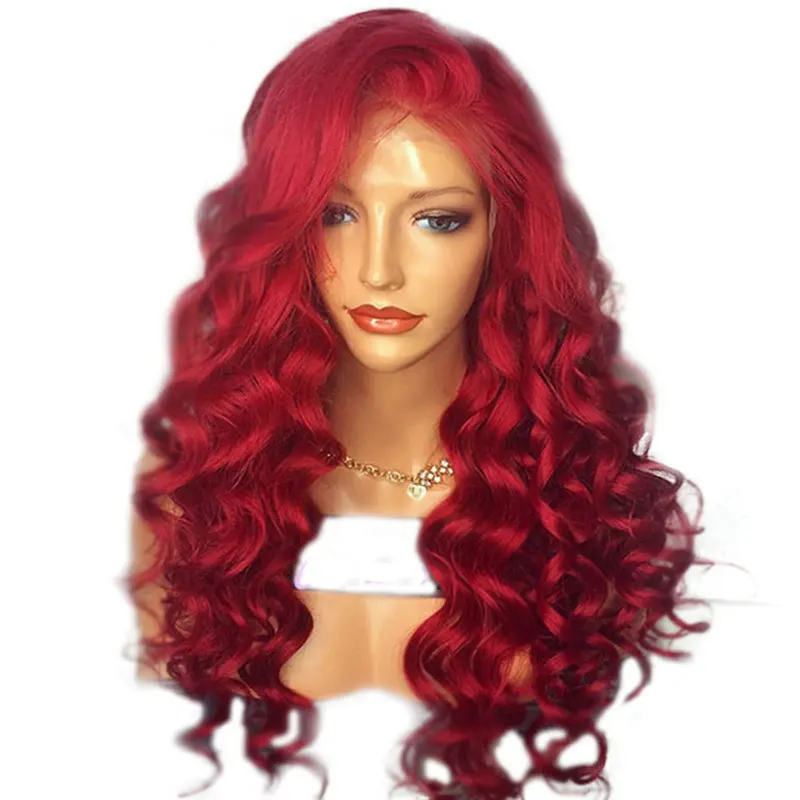 

Bombshell Red Loose Deep Wave Synthetic Hair Lace Front Wig Glueless Heat Resistant Fiber Natural Hairline Side Part For Women