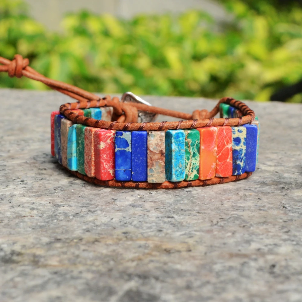 Sea sediment Stones Bracelet Handmade Multi Color Natural Stone Beads Leather Wrap Bracelet Couples Bracelets Friendship Gifts - Окраска металла: C-rainbow flat