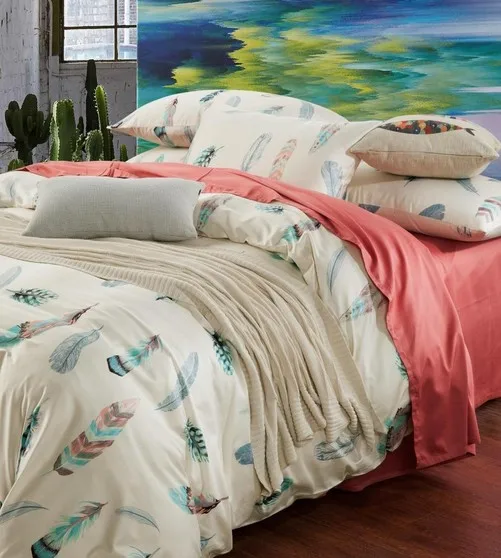 Colorful Feather Bedding Set King Size Queen Full Double Pink Bed