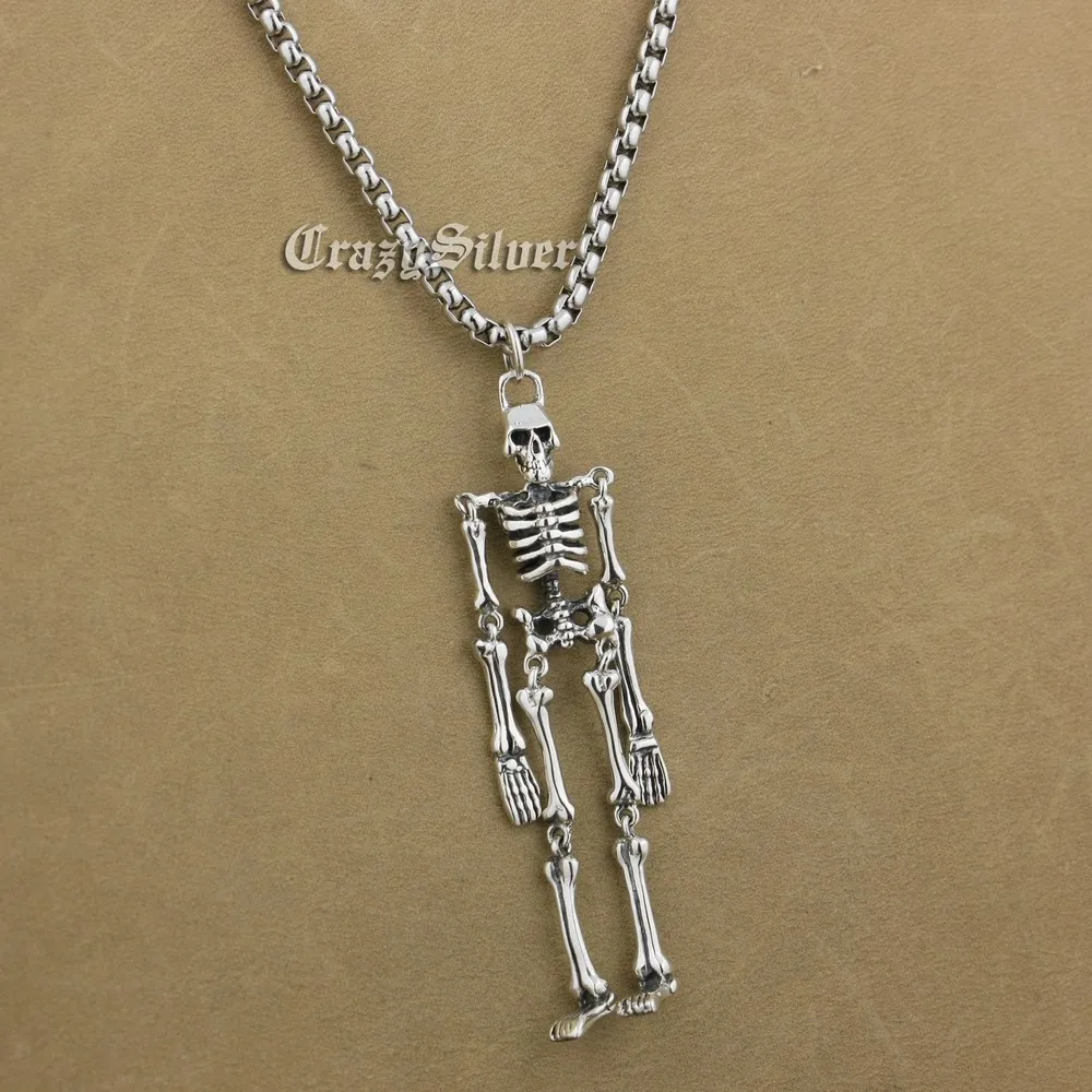 

925 Sterling Silver Whole Body Skeleton Mens Biker Pendant 9V018 Free Shipping