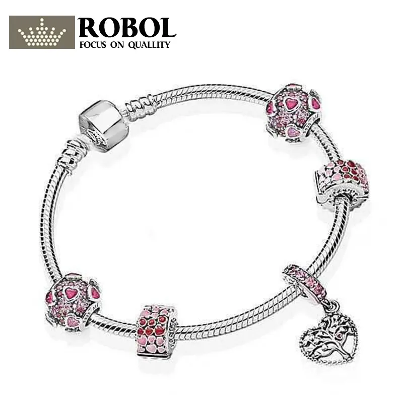 

ROBOL New Arrival 100% 925 Sterling Silver Simple Bracelet For Women With Heart Chain Charms Beads Fashion Jewelry Original