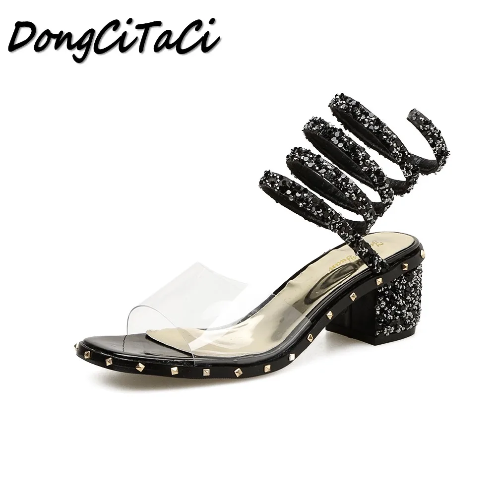 

DongCiTaCi Summer Women Square head sandals Woman serpentine shoes Ladies Fashion Transparent Rivet Crystal Square heel sandals
