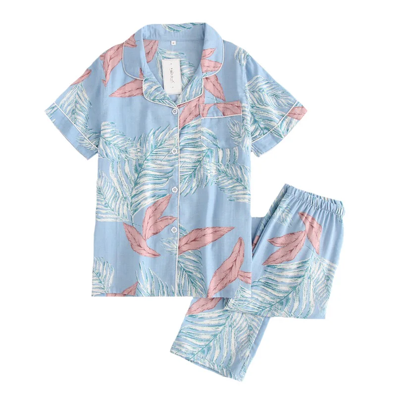 

Ladies Pajamas Set Floral Printed Turn-down Neck 100% Gauze Cotton 2Piece Set Women Sleepwear Simple Style Homewear Casual Wear