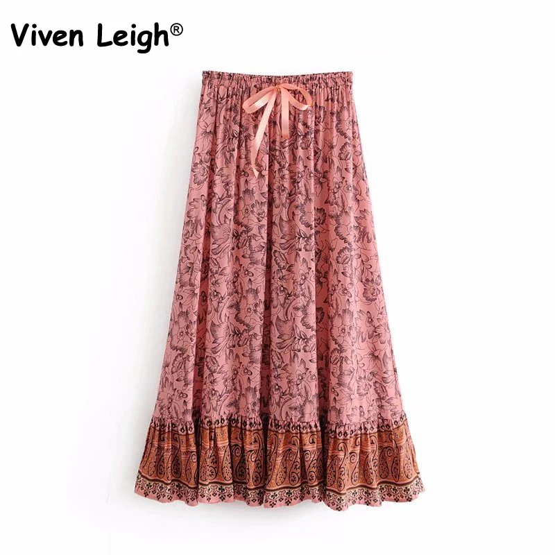 Viven Leigh Elegant Bow Tie Skirt A Line Pleated Basic Ladies Chic Long