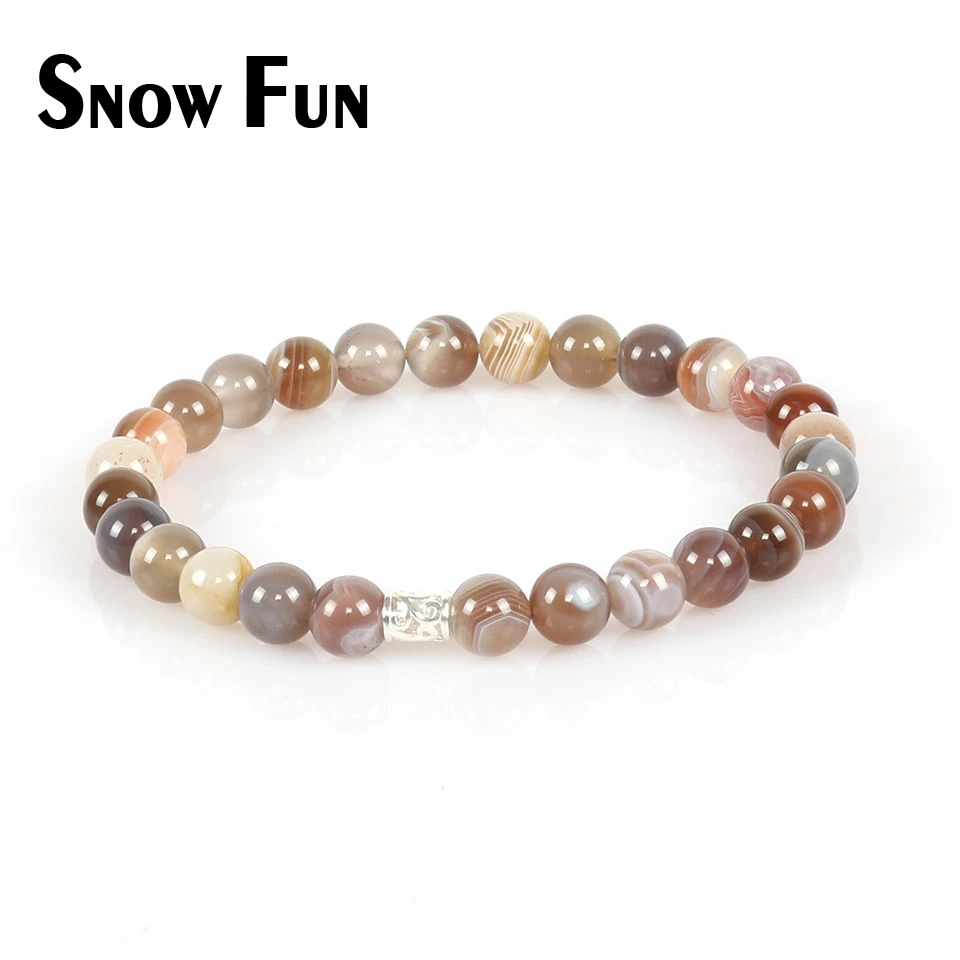 

Snow Fun Lovers' Favorite 925 Silver Carved Column Charm and 6mm Bostwana Agate Beads Bracelet Jewelry for Gifts