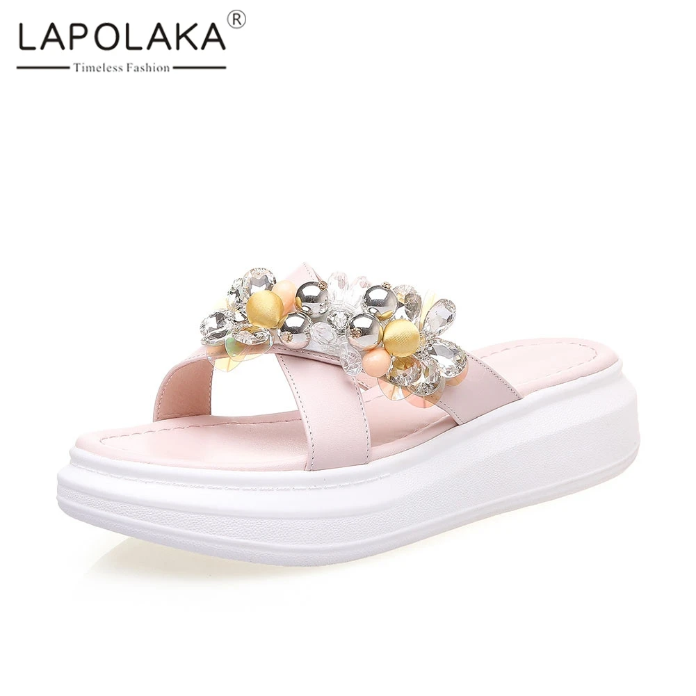 

Lapolaka Brand New Big Size 34-40 INS Hot women's Genuine Leather Crystal Shoes Woman Casual Outside Summer Slippers 2019
