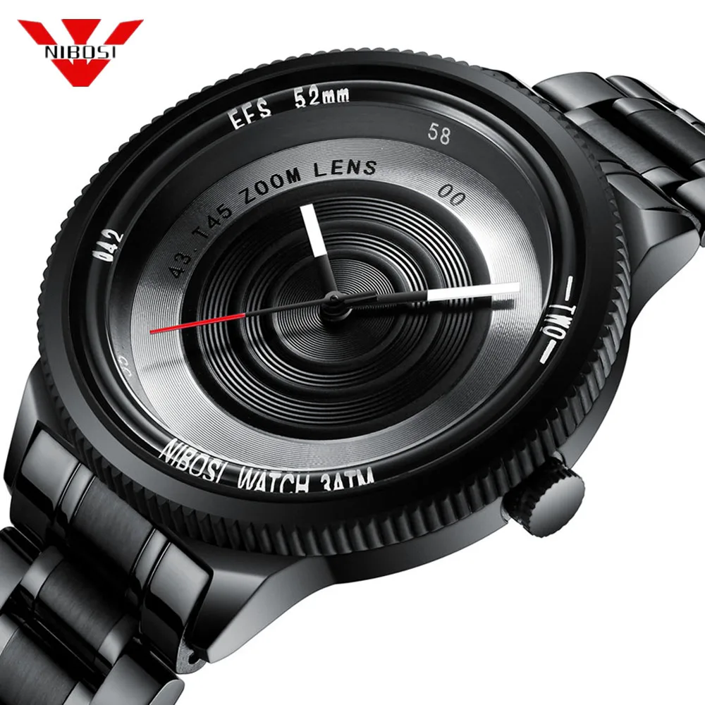 Роскошные мужские часы NIBOSI Уникальный креативный стиль Черный Нержавеющая сталь