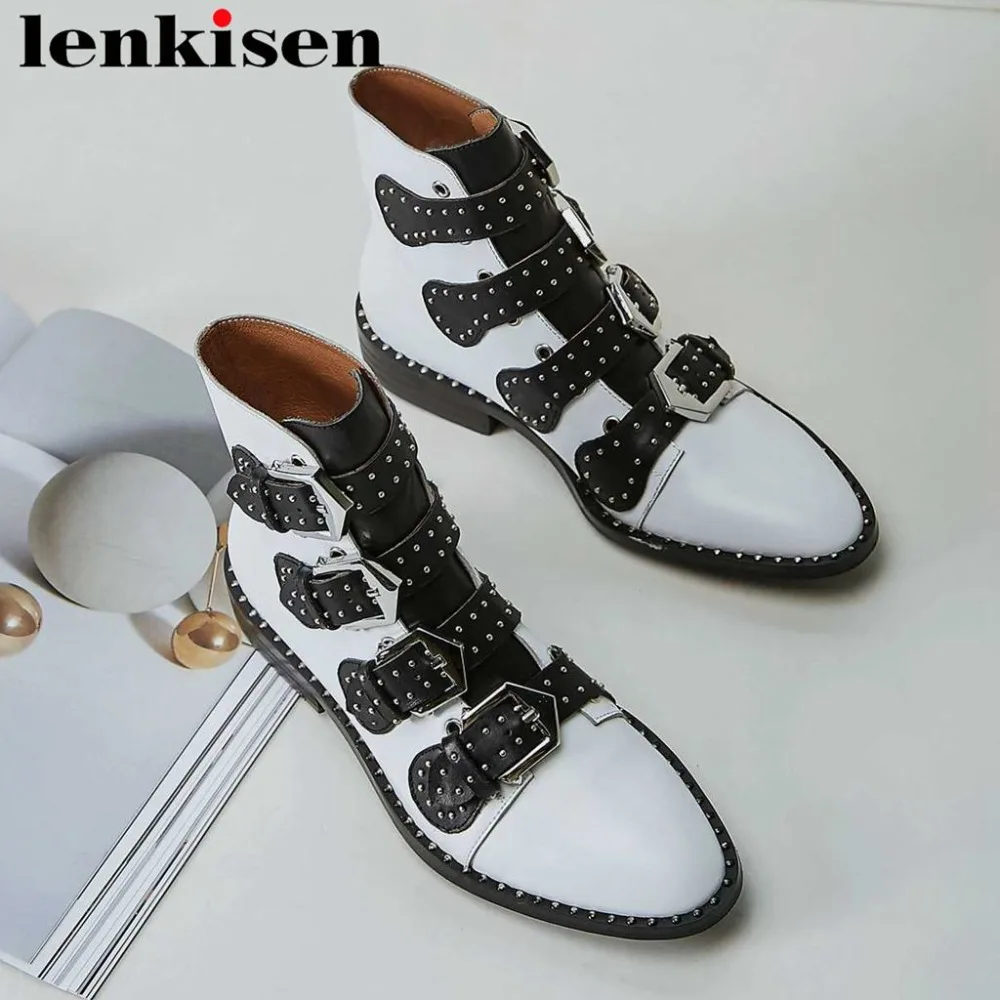 

2018 handsome rivets studded plus size round toe low square heels buckle strap full grain leather young lady western boots L88