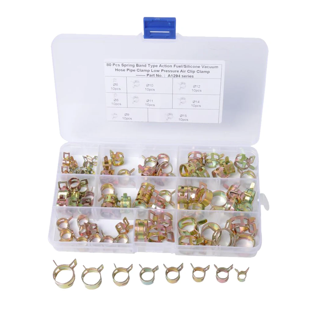

80 Pieces Spring Clips Vacuum Fuel Oil Hose Line Band Clamps Low Pressure with Storage Box 6-15mm 8 Sizes