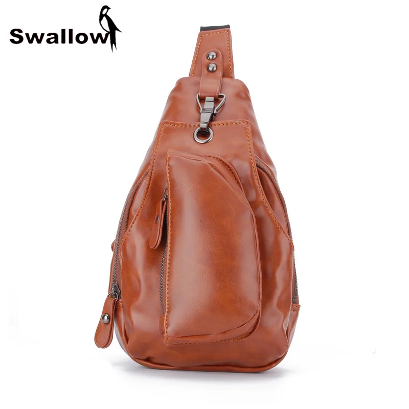 SWALLOW Fashion Genuine Leather Waist Bag For Men Zipper Chest Bag Cow