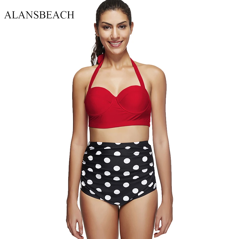 

ALANSBEACH Red Color High Waist Swimsuit Bikini Push Up Swimwear Women Vintage Biquini Dot Bathing Suit Maillot Femme AB00148