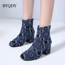 

BYQDY 2018 New Fashion Autumn Denim Women Ankle Boots High Heels Zipper Female Spring For Party Ladies Shoe Blue Booties Size 40