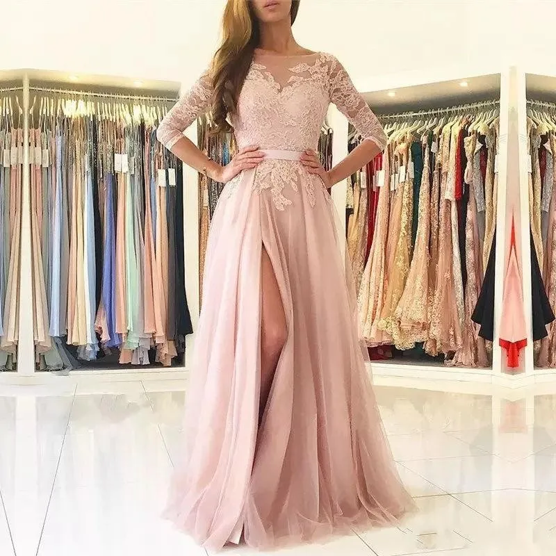 

Pink Evening Dresses 2019 A-line 3/4 Sleeves Tulle Appliques Lace Slit Sexy Islamic Dubai Kaftan Saudi Arabic Long Evening Gown