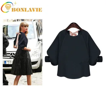 

Women Chiffon Shirt Summer Personality Blouse Round Collar Three Quarter Solid White Blue Color Loose Type Causal Blouse