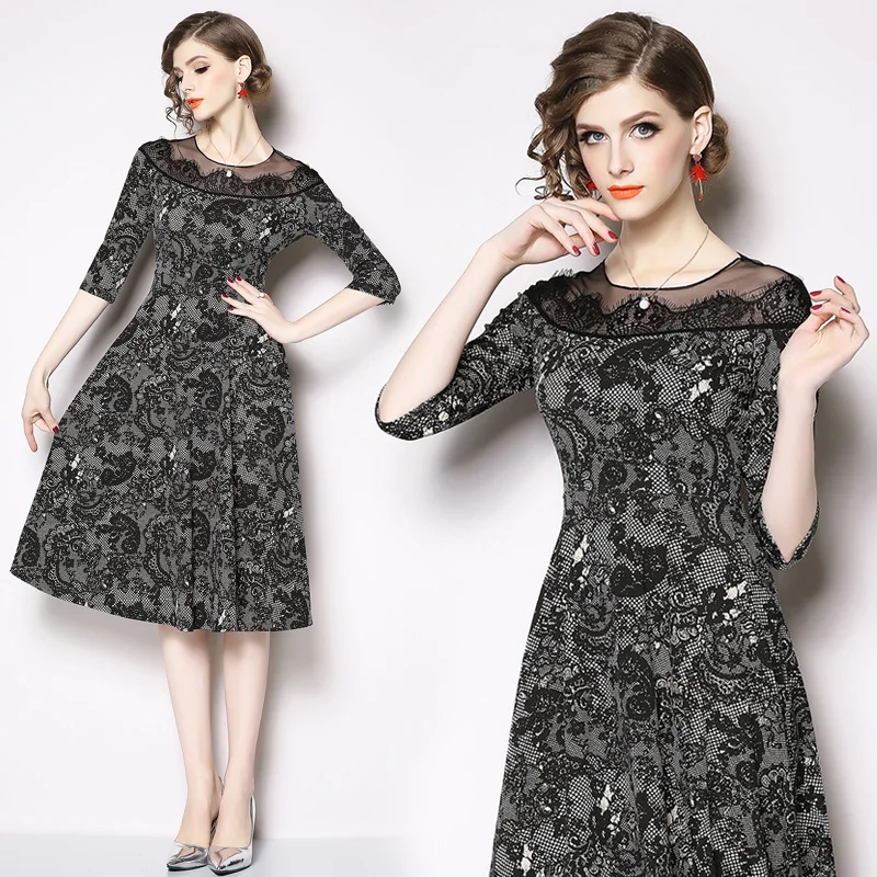 

Women's new round neck seven-point sleeves waist slimming dress fashion temperament elegant party dress
