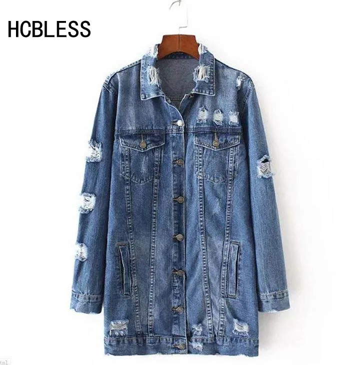 HCBLESS 2018 Džínové bundy Dámské hole Dívka s dlouhým rukávem Vintage Jean bunda Denim Loose Jarní podzimní denní kabát Jean