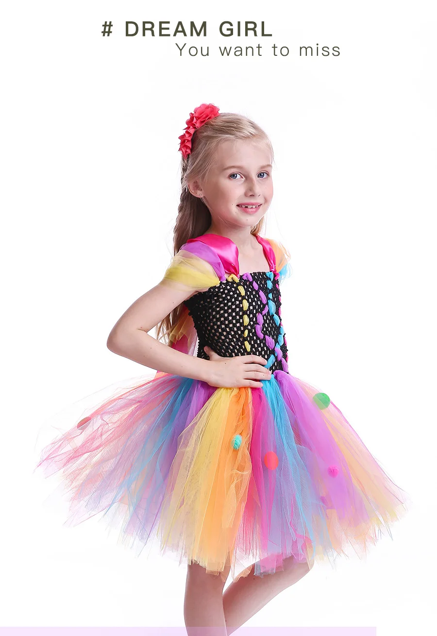 Funky Coloured Clown Style Girls Tutu Dress Circle Embellished Children Tulle Dress for Halloween Parties Role Play Fancy Dress (5)
