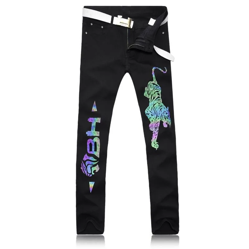 

2017 New Mens Fashion Luminous Tiger Printed Black Jeans Men Casual Slim Fit Hip Hop Denim Pants Straight cotton trousers.28-38