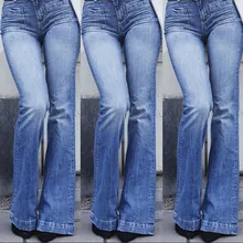 Летние женские винтажные длинные широкие джинсовые штаны, модные однотонные расклешенные джинсы с карманами, повседневные брюки с высокой талией