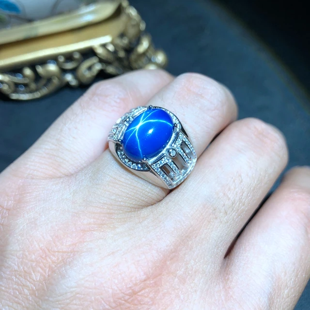 Bague classique en argent avec saphir étoilé bleu brillant – Image 2