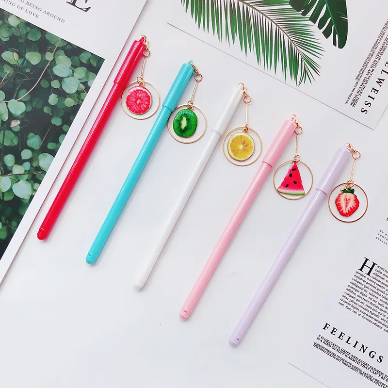 

5pcs Fruit pendant gel pen set Mini watermelon Lemon 0.5mm Black color pens for writing Stationery Office school supplies F564