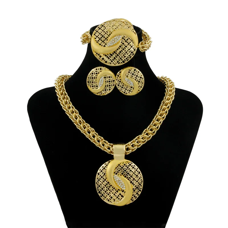 

Taichi Fashion Big Gold Chain Necklace Earrings Sets Round Pendant Charm Bridal Wedding Gold Jewelry Sets Crystal Accessories