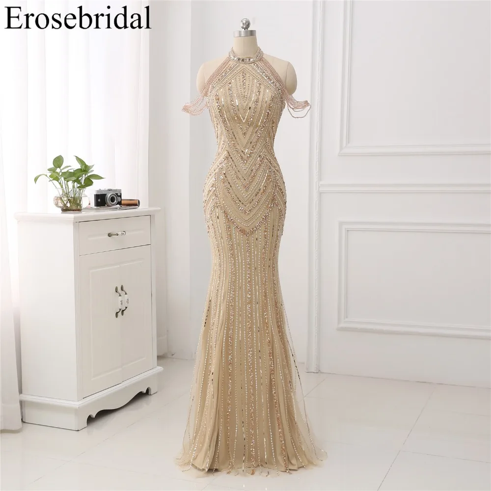 

Deep Champagne 2019 Evening Dress Long Mermaid Evening Gowns Luxury Beaded Design robe de soiree In Stock 48 Hours Shipping