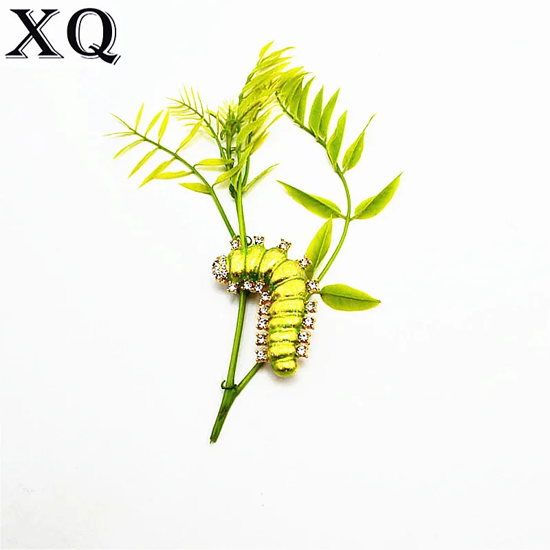 

XQ fashion new cute caterpillar drop glaze inlaid creative zinc alloy green insect small animal brooch coat dress accessories