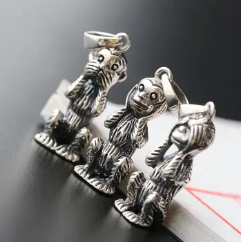 

925 Solid Sterling Silver 3D Monkey See Hear Speak Do Not Evil Pendant A2846